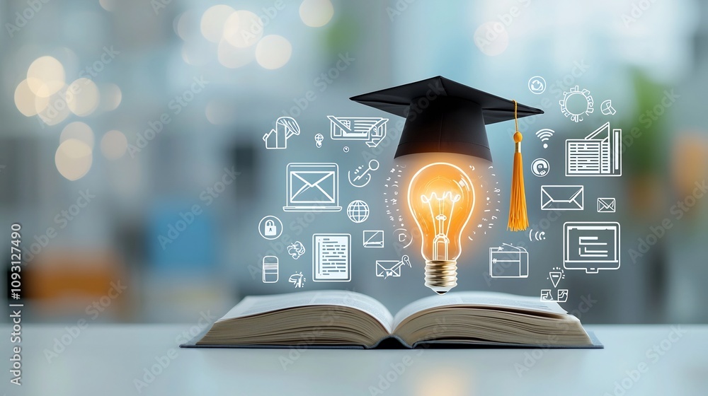 Poster educational concept with a glowing lightbulb sitting on an open book capped with a graduation hat su
