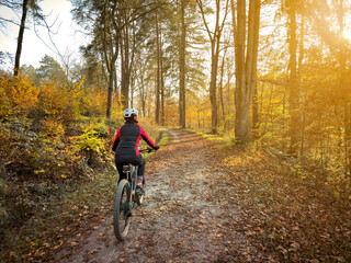 woman cycling with electric mountain bike at sunset in a colorful autumn forest in...