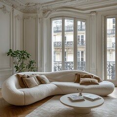 Stylish Modern Living Room Showcasing Sculptural White Sofa and Elegant Decor in a Chic Parisian Apartment Bathed in Natural Light