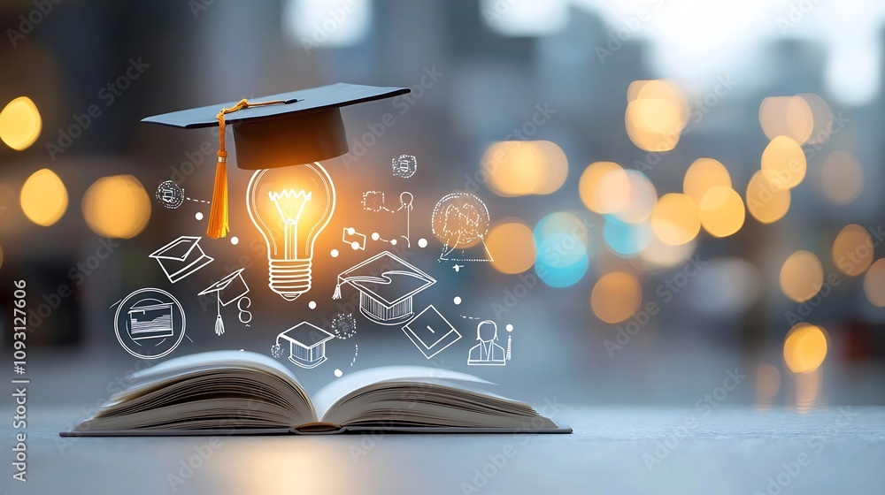 Leinwandbilder visually engaging education themed scene with a glowing lightbulb on top of an open book topped by a