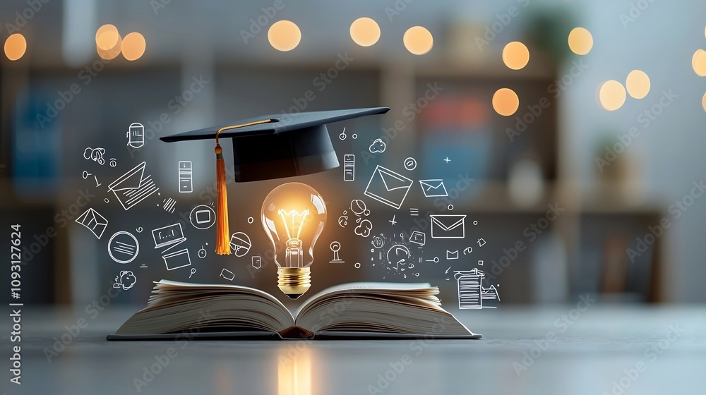 Leinwandbilder visually engaging education themed scene with a glowing lightbulb on top of an open book topped by a