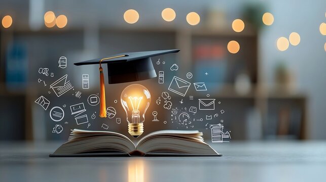 Visually engaging education themed scene with a glowing lightbulb on top of an open book topped by a graduation hat surrounded by symbols of e learning and online degrees