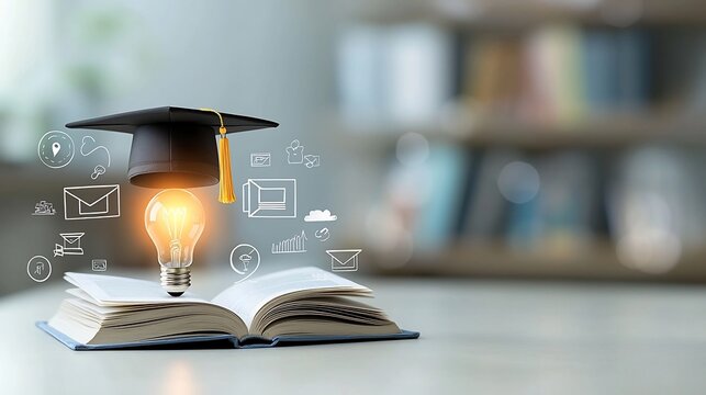 educational theme with a glowing lightbulb sitting on an open book capped with a graduation hat surrounded by icons of online learning and e degree concepts set in a dreamy bokeh environment