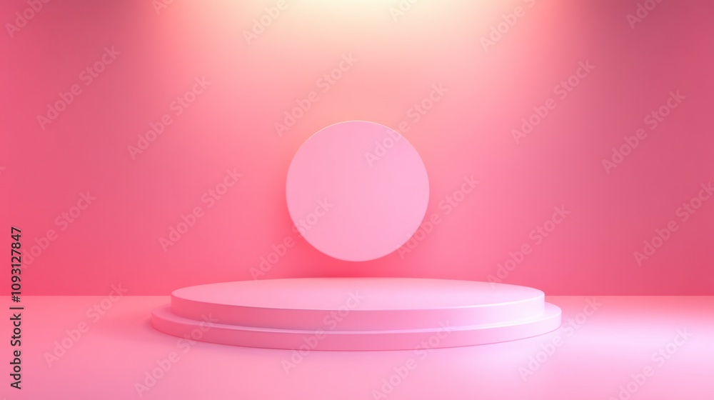 Poster soft pink minimalist studio setup featuring floating circular display on round pedestal for creative