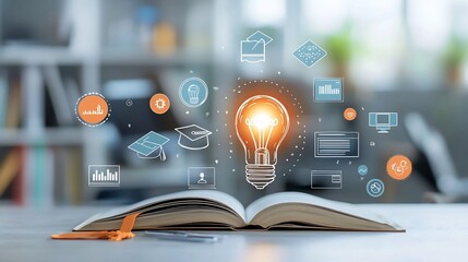 Conceptual representation of online and digital education featuring a bright lightbulb atop an open book and a graduation hat