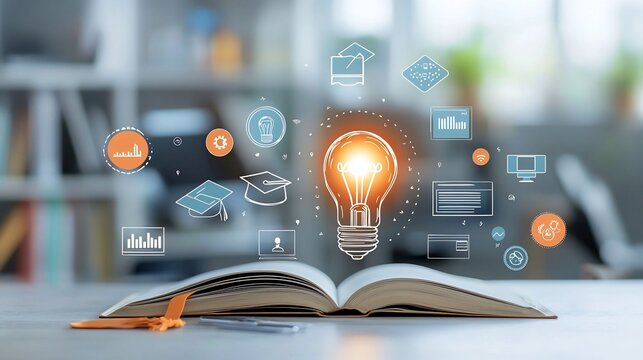 Conceptual representation of online and digital education featuring a bright lightbulb atop an open book and a graduation hat