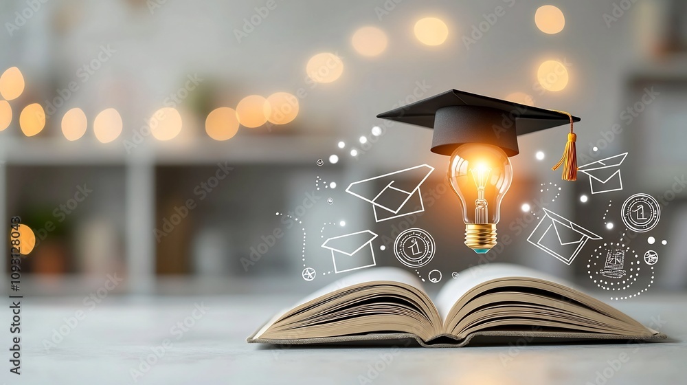 Leinwandbilder visually engaging education themed scene with a glowing lightbulb resting on an open book topped by 