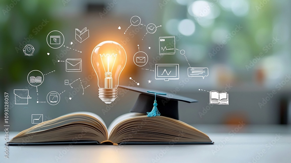 Poster conceptual representation of online education with a bright lightbulb atop an open book and a gradua