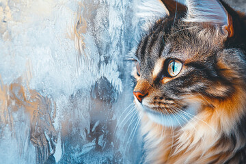 Fluffy domestic tricolor cat near icy, snowy, frozen window in winter Watercolor illustration Portrait of fluffy cat in profile.