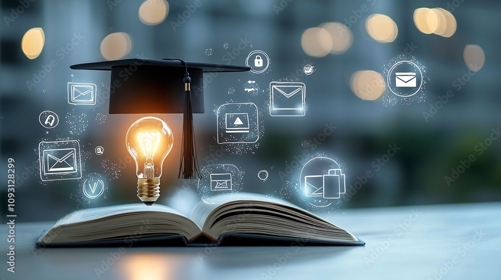 Poster Glowing educational scene featuring a radiant lightbulb resting on an open book topped by a graduation hat surrounded by floating online education icons all set in a dreamy