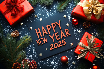 Festive 2025 New Year celebration background featuring Christmas decorations, sparkling lights, and a cheerful holiday atmosphere, perfect for seasonal greetings and joy-filled events.