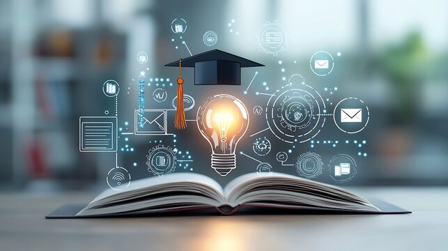 Symbolic representation of education and learning featuring a luminous lightbulb placed on an open book surrounded by digital course and e learning icons