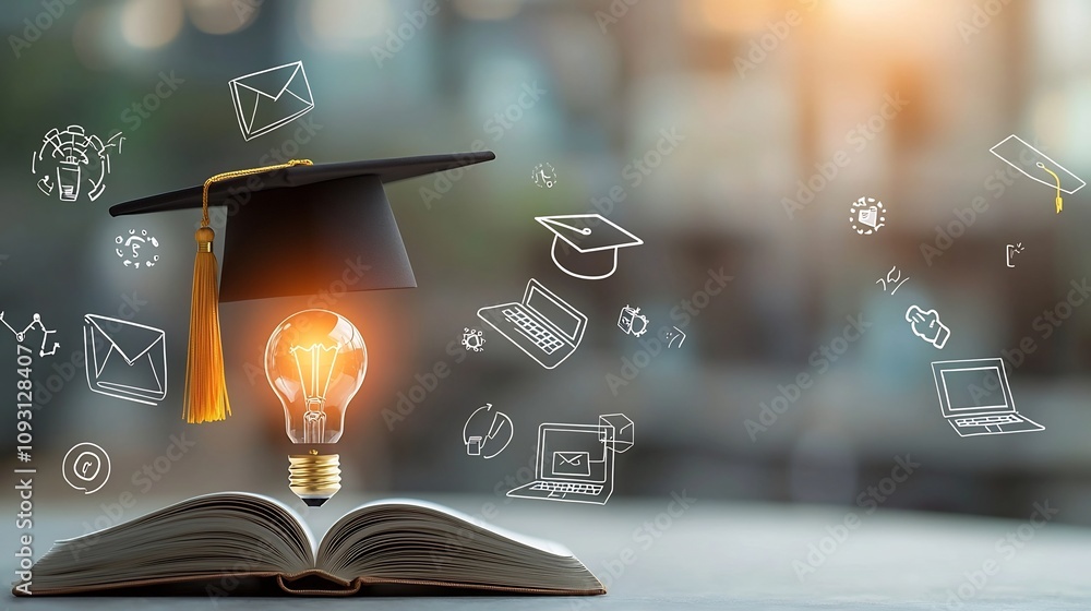 Aufkleber glowing educational scene featuring a radiant lightbulb resting on an open book topped by a graduati