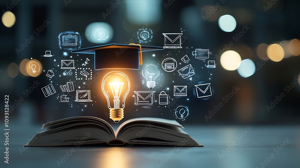 Aufkleber Glowing educational scene with a radiant lightbulb resting on an open book topped by a graduation hat surrounded by floating online education icons all set in a dreamy bokeh lit environment