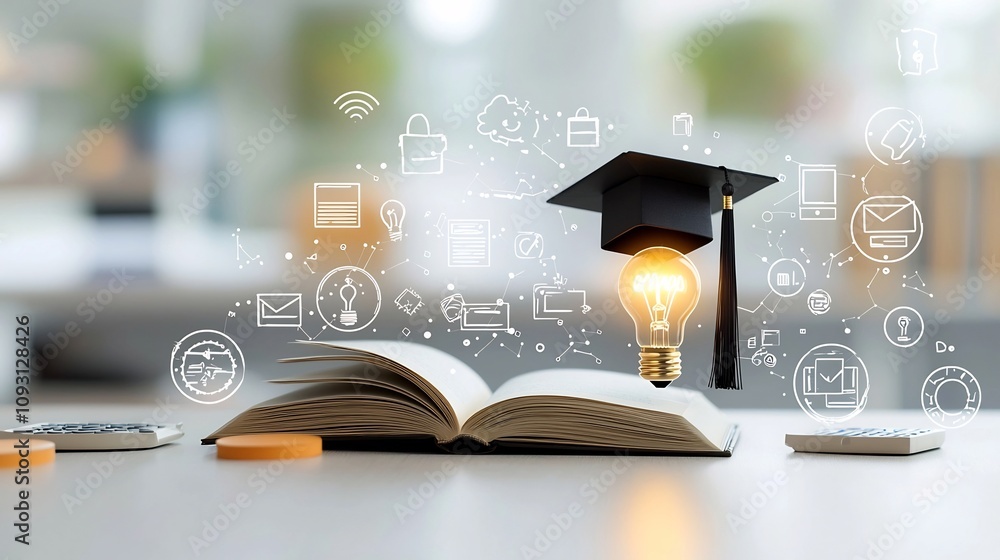 Poster A symbolic image representing the concept of education featuring a luminous lightbulb resting on an open book with a graduation cap surrounded by digital course and e learning icons