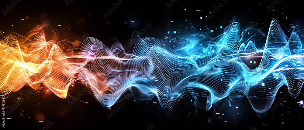 Poster dynamic waveforms visualizing sound energy digital space abstract art futuristic environment artisti