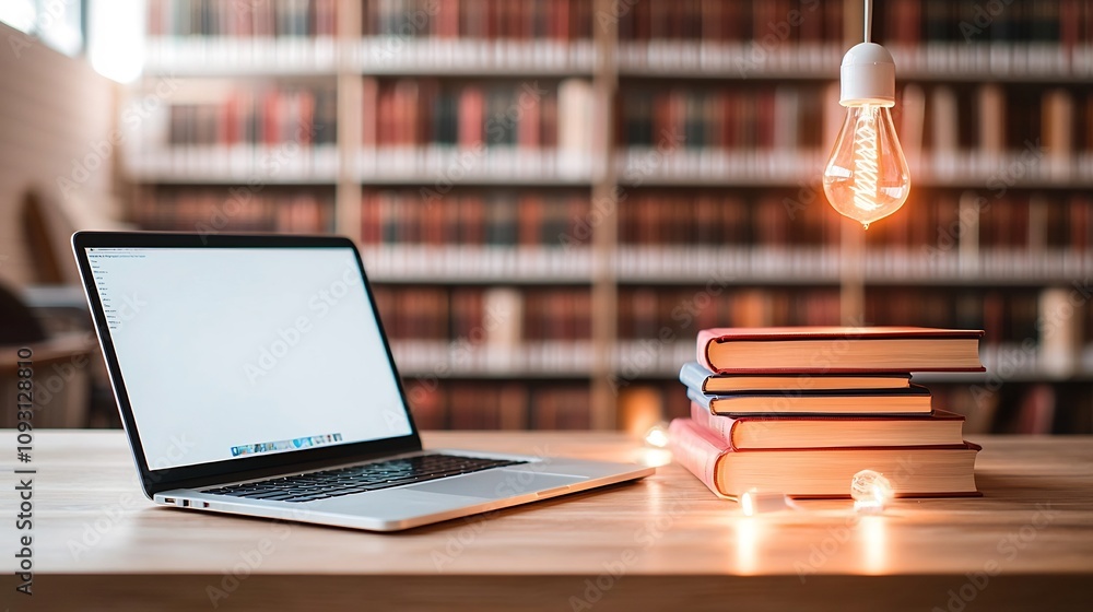 Aufkleber Online Education Concept Featuring Laptop Device and Glowing Books on Wooden Table with Softly Illuminated Library Background Representing Modern Learning Through Technology and Literature