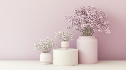 Serene Still Life Composition of Three Elegant Vases Holding Delicate Floral Arrangements in Soft Pastel Tones Against a Subtle Pink Background