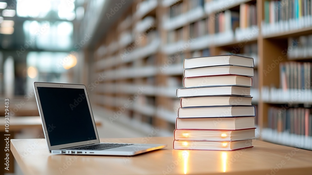 Aufkleber radiant stack of books beside a laptop on a wooden table showcasing the merging of digital technolog