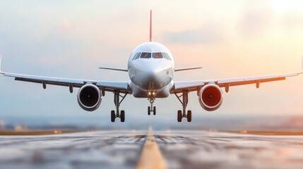 Airplane Landing at Sunset Airport Runway Aviation Photography Scenic View Journey Concept for Travel Enthusiasts
