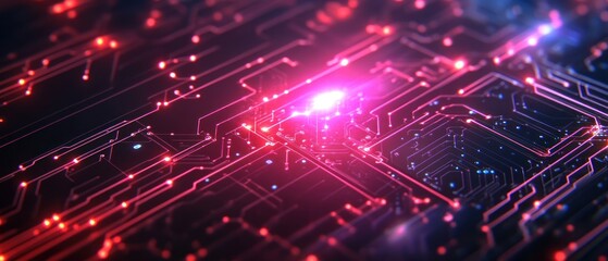 Fototapeta premium Abstract representation of a circuit board with glowing elements, symbolizing technology.