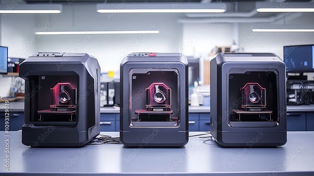 Poster three modern 3d printers in a laboratory setting, printing objects