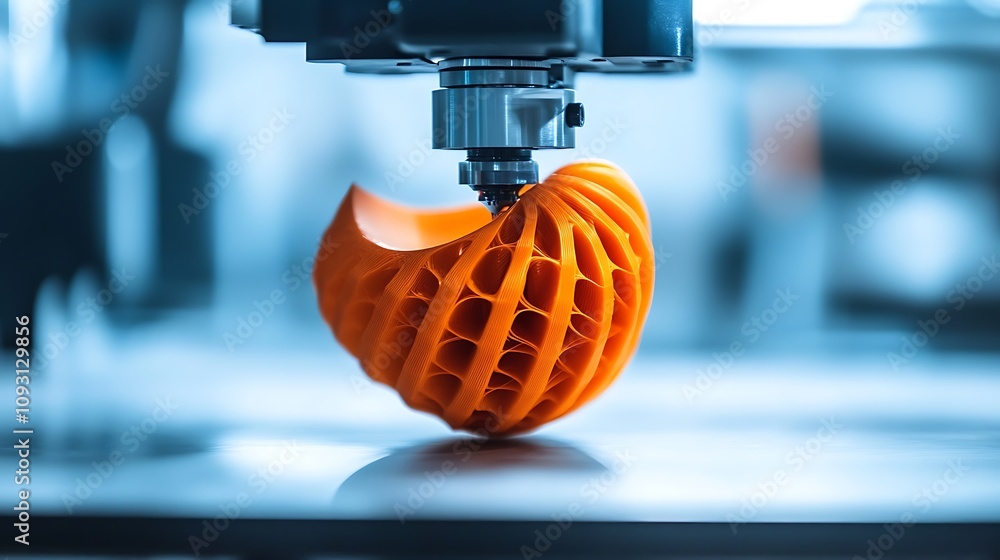 Poster orange 3d-printed object nearing completion on a cnc machine.