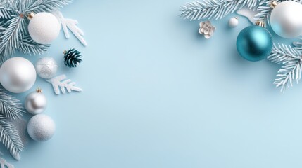 Festive Winter Wonderland Background with Elegant Ornaments, Frosty Pine Branches, and Delicate Flowers on a Soft Blue Surface for Holiday Celebrations