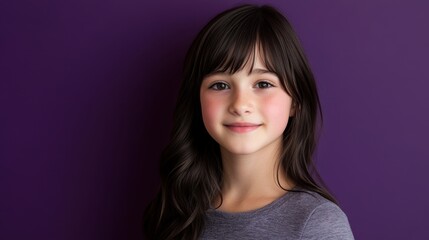 Fototapeta premium Charming portrait of a young girl with long dark hair smiling against a vibrant purple background, showcasing innocence and cheerful expression ideal for family and children-related themes.