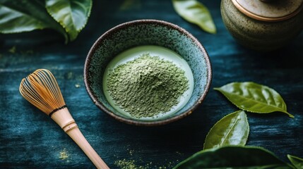 Green Matcha Powder in Bowl with Bamboo Whisk and Teapot Surrounded by Fresh Green Leaves on a Rustic Wooden Surface