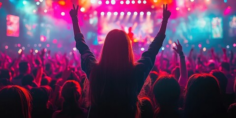 Excited crowd at a vibrant K-pop concert with colorful lights. AI generated