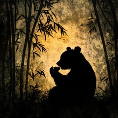 Silhouette of a Bear Sitting Among Bamboo Under a Golden Sunset, Capturing the Tranquil Beauty of Nature and Wildlife in a Serene Environment