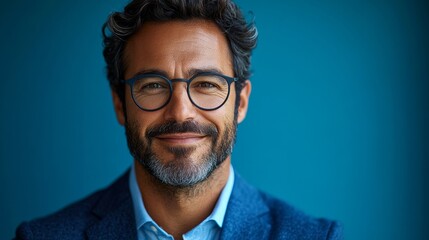 Fototapeta premium Man wearing glasses and a blue suit is smiling. He looks happy and confident. The blue suit and glasses give him a professional and polished appearance