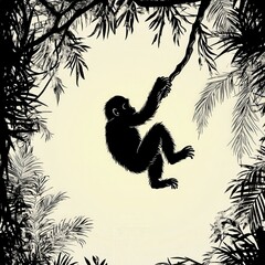 Silhouette of a Playful Monkey Hanging from a Branch Amidst Lush Jungle Foliage Against a Softly Lit Background in a Nature-Inspired Scene