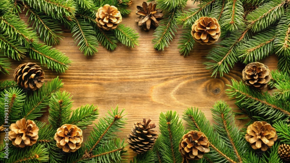 Poster a festive arrangement of pine branches and cones on a rustic wooden background, creating a natural a