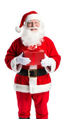 Portrait of Happy Santa Claus holding gift isolated on white background