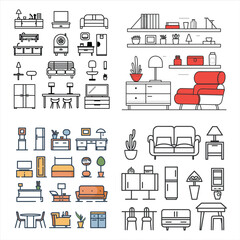 Line art house furniture flat icon bundle set, Outline furniture flat icon bundle set, Drawing interior room furniture flat icon