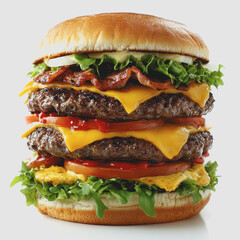 Gourmet Stacked Burger Isolated on White Background with Fresh Ingredients, Featuring Layers of Cheese, Lettuce, Tomato, and Crispy Bacon for a Delicious Meal Presentation
