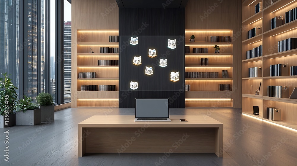 Poster cozy and luminous educational workspace with laptop projecting floating books and icons for innovati
