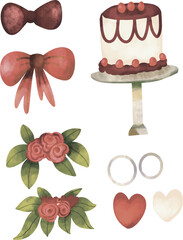 Watercolor wedding clipart set, wedding attributes, hand drawn wedding clip art set, rings, wedding cake, ribbon, balloons, flower, roses. Wedding clipart isolated on white background. For Invitation