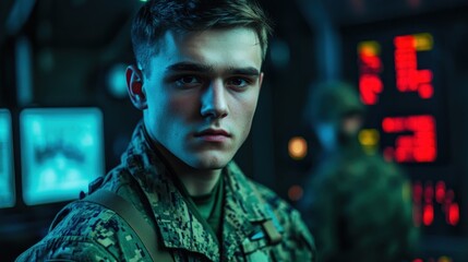 A serious young soldier in a high-tech military environment with screens in the background.