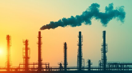 Obraz premium Industrial Refinery Emission Sunset Silhouette Urban Landscape Photography Industrial Environment Wide View Environmental Concept