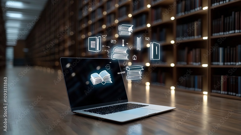 Poster laptop emitting floating books and education icons for distance learning in glowing library room mod