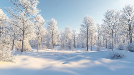 Tranquil Winter Forest Clearing: Serene 3D Render of Snowy Scene with Frost-Covered Trees in High Resolution