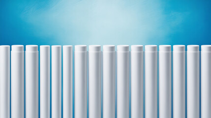 Row of white cylinders on a blue background