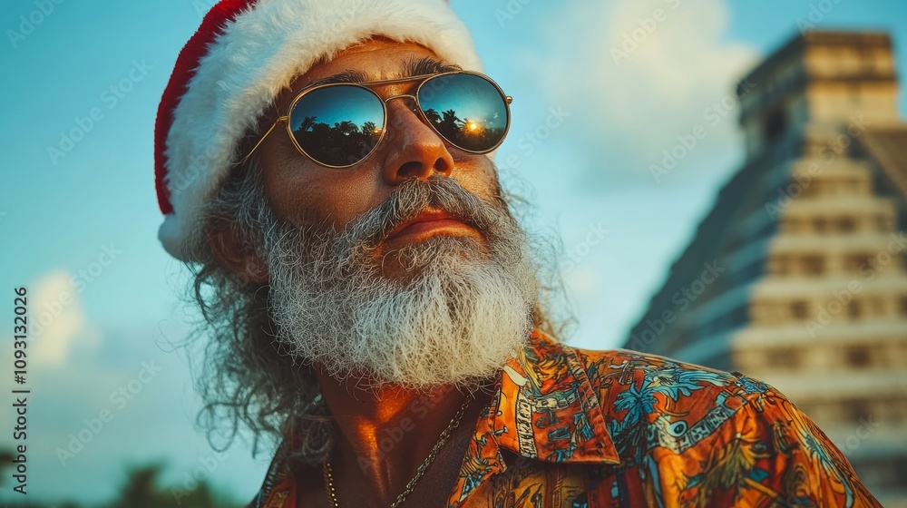 Poster man with a red hat and sunglasses is standing in front of a building. the man has a beard and a bear