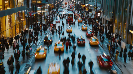Obraz premium A bustling city street with pedestrians and traffic moving in a blur..