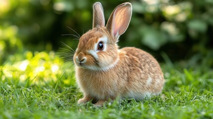 Fototapeta premium A delightful brown rabbit with large ears sits amidst lush green grass on a sunny day, showcasing the beauty of wildlife in its natural habitat