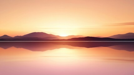 Fototapeta premium Serene Sunset Over Calm Water with Reflective Mountains in the Background, Bathed in Warm Hues of Orange, Purple, and Pink, Creating a Tranquil Atmosphere for Nature Lovers