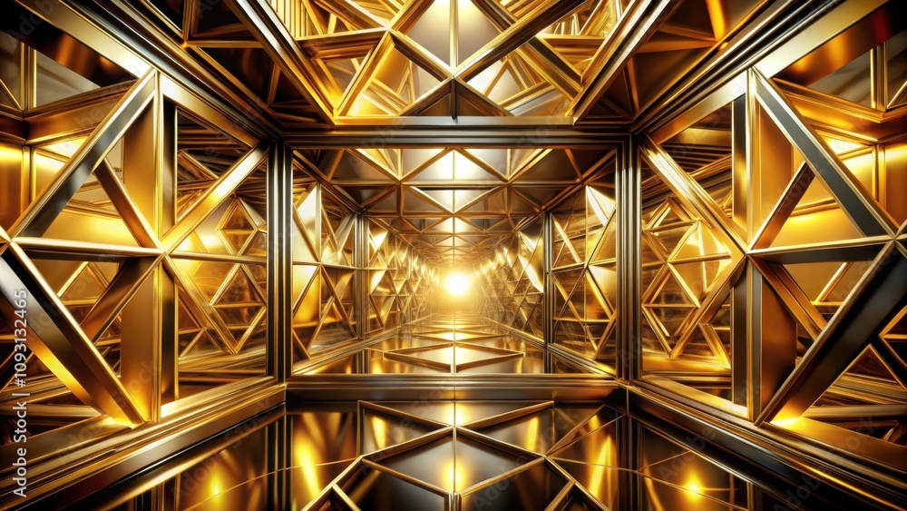 Poster A dazzling golden hallway with a geometric design, reflecting light and creating a mesmerizing pattern of triangles and squares.